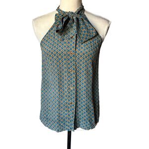 Girls From Savoy Halter Top Womens Size TWO Teal Geometric Silk Flowy